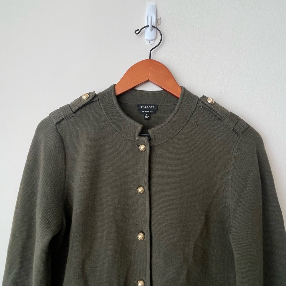 TALBOTS Military Jacket Cardigan Green Gold Buttons 100% Metino Wool - Picture 3 of 8